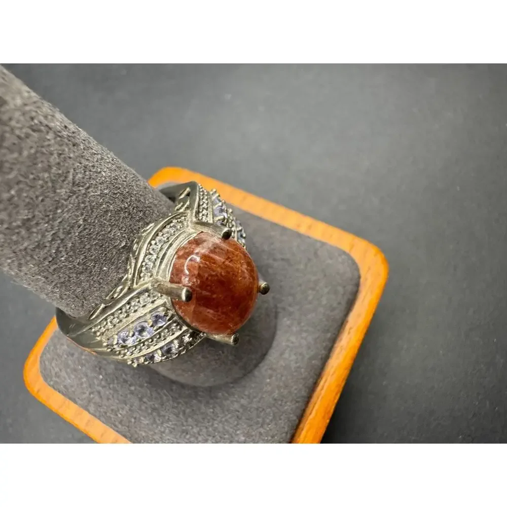Vtg 925 Sterling Silver Orange Sunstone Cabochon Ring Clear Blue Accent Sz 10
